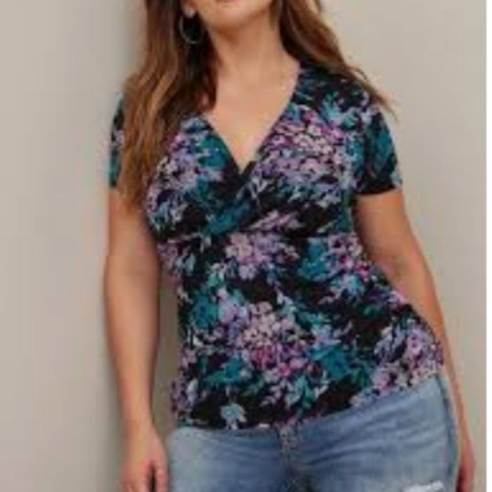 New Without Tags Floral Stretch Mesh Surplice V-Neck Top